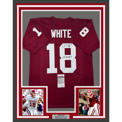 Framed Autographed/Signed Jason White 35x39 03 Heisman Oklahoma Maroon College Football Jersey JSA COA