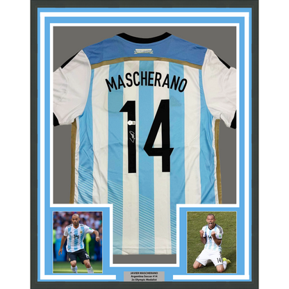 Framed Autographed/Signed Javier Mascherano 35x39 Argentina Blue Soccer Futbol Jersey Beckett BAS COA