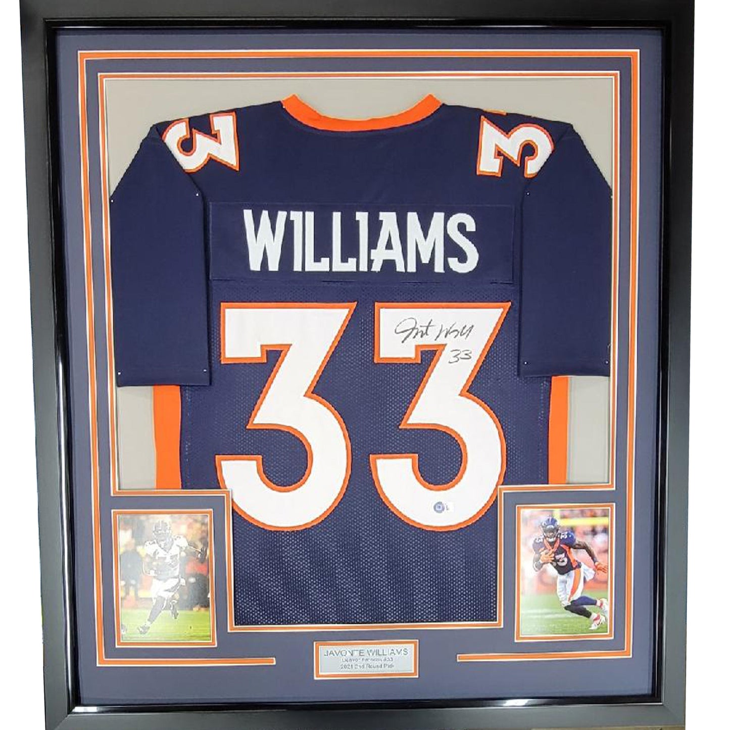 Framed Autographed/Signed Javonte Williams 35x39 Denver Blue Football Jersey Beckett BAS COA
