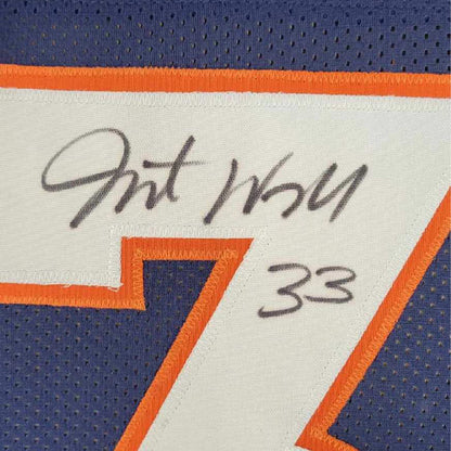 Framed Autographed/Signed Javonte Williams 35x39 Denver Blue Football Jersey Beckett BAS COA
