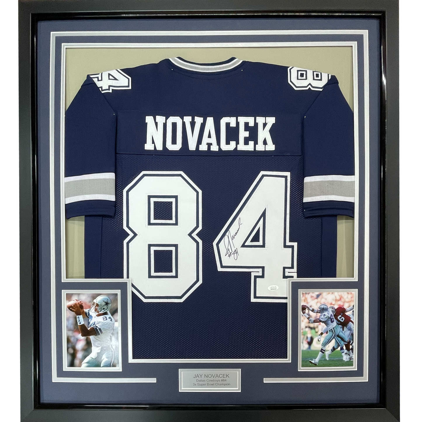 Framed Autographed/Signed Jay Novacek 35x39 Dallas Dark Blue Football Jersey JSA COA