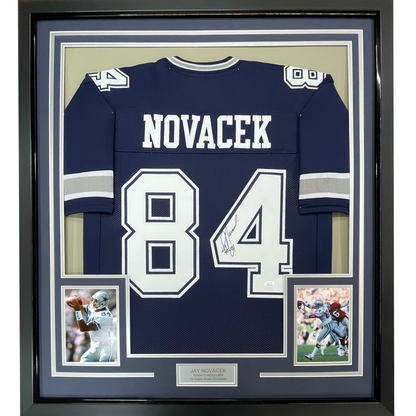 Framed Autographed/Signed Jay Novacek 35x39 Dallas Dark Blue Football Jersey JSA COA