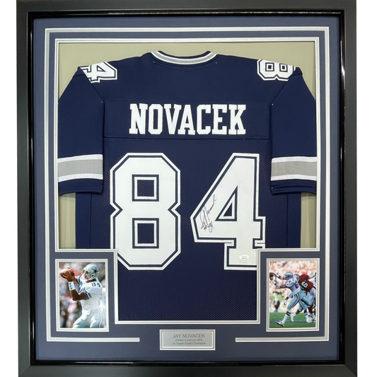Framed Autographed/Signed Jay Novacek 35x39 Dallas Dark Blue Football Jersey JSA COA