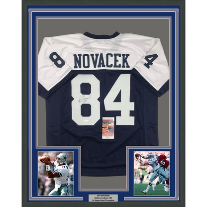 Framed Autographed/Signed Jay Novacek 35x39 Dallas Thanksgiving Day Football Jersey JSA COA