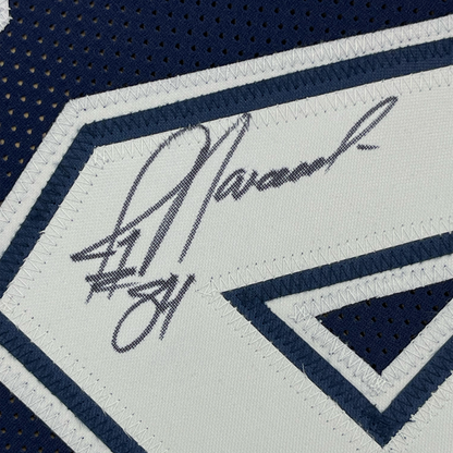 Framed Autographed/Signed Jay Novacek 35x39 Dallas Dark Blue Football Jersey JSA COA