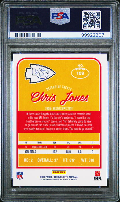 Graded 2016 Panini Donruss Optic Chris Jones #109 Rookie RC Football Card PSA 10 Gem Mint