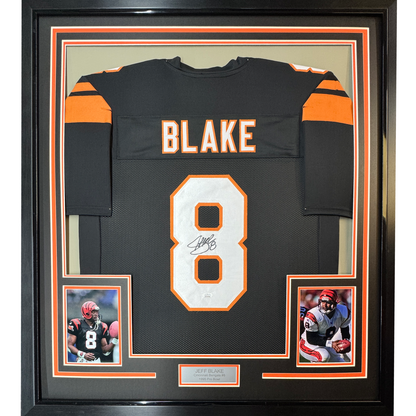Framed Autographed/Signed Jeff Blake 35x39 Cincinnati Black Football Jersey JSA COA