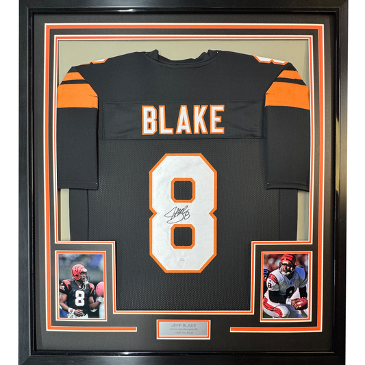 Framed Autographed/Signed Jeff Blake 35x39 Cincinnati Black Football Jersey JSA COA
