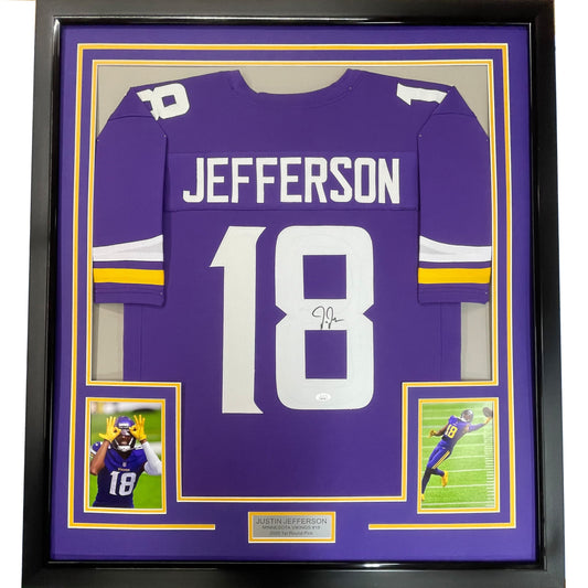 Framed Autographed/Signed Justin Jefferson 35x39 Minnesota Purple Football Jersey JSA COA