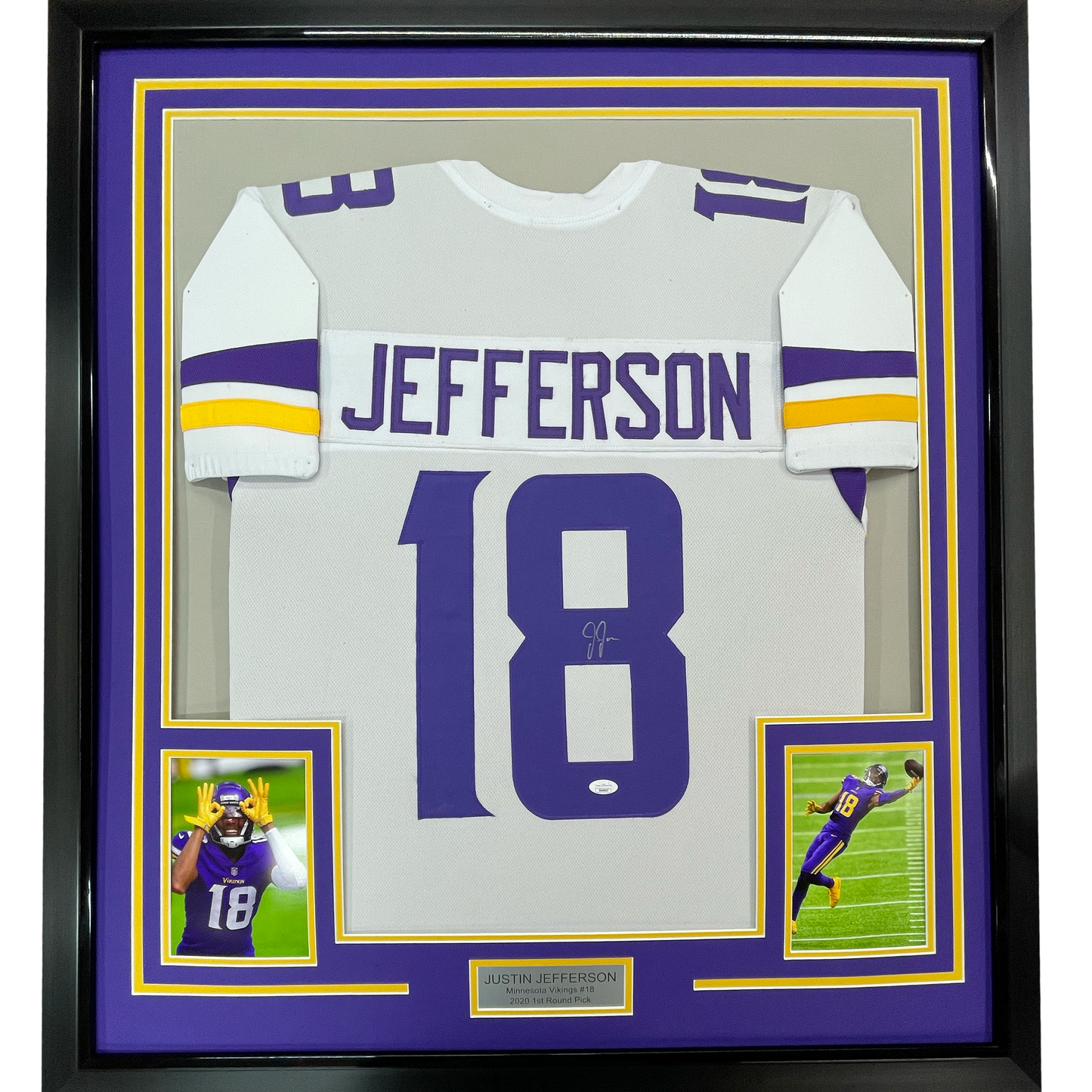 Framed Autographed/Signed Justin Jefferson 35x39 Minnesota White Football Jersey JSA COA