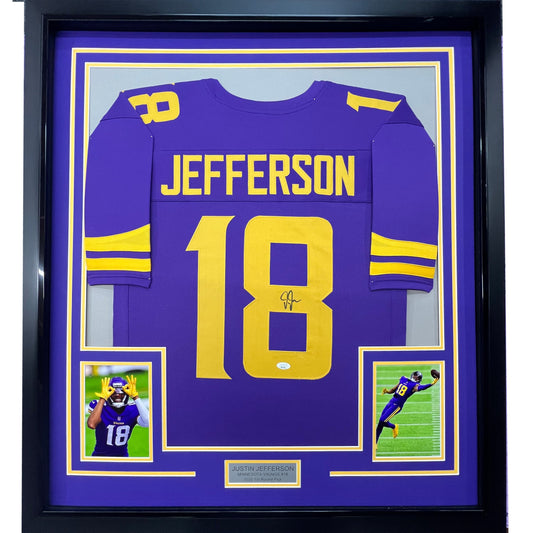Framed Autographed/Signed Justin Jefferson 35x39 Minnesota Color Rush Football Jersey JSA COA