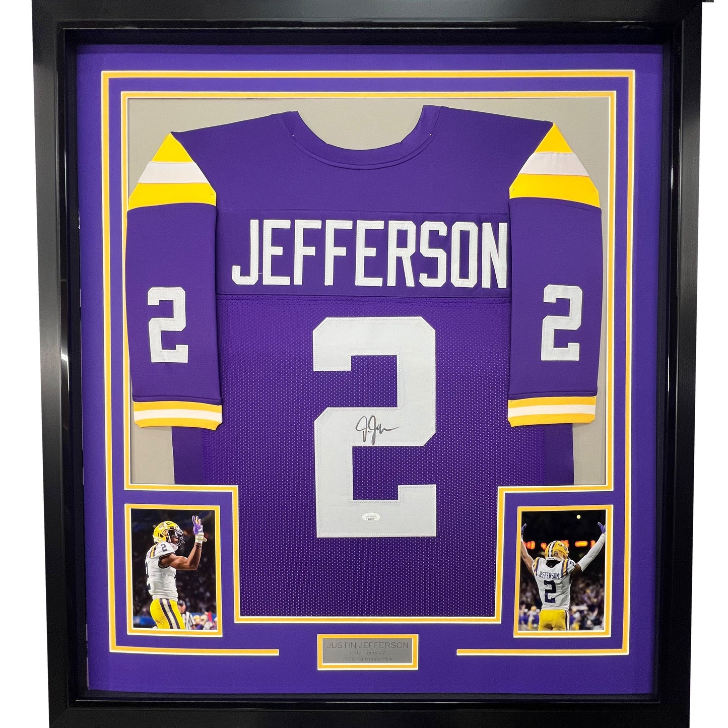 Framed Autographed/Signed Justin Jefferson 35x39 LSU Purple College Football Jersey JSA COA