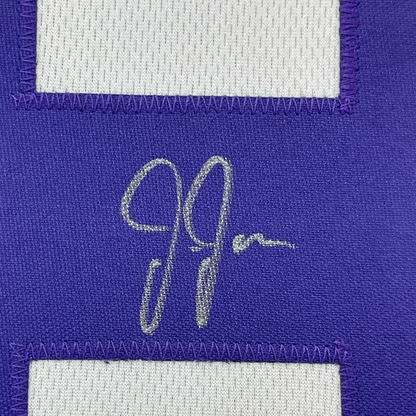 Framed Autographed/Signed Justin Jefferson 35x39 Minnesota White Football Jersey JSA COA