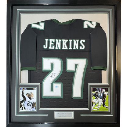 Framed Autographed/Signed Malcolm Jenkins 35x39 Philadelphia Black Football Jersey Beckett BAS COA