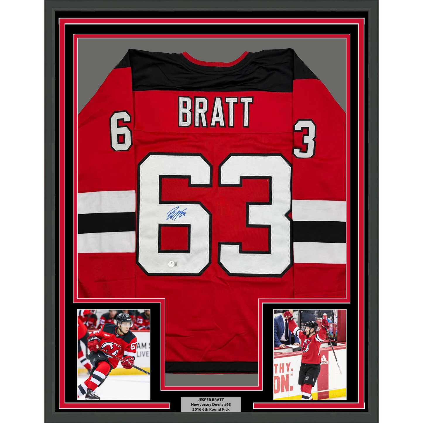 Framed Autographed/Signed Jesper Bratt 35x39 New Jersey Red Hockey Jersey Beckett BAS COA