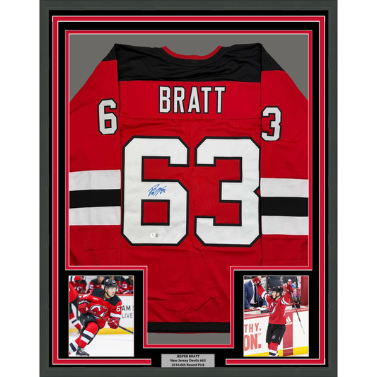 Framed Autographed/Signed Jesper Bratt 35x39 New Jersey Red Hockey Jersey Beckett BAS COA