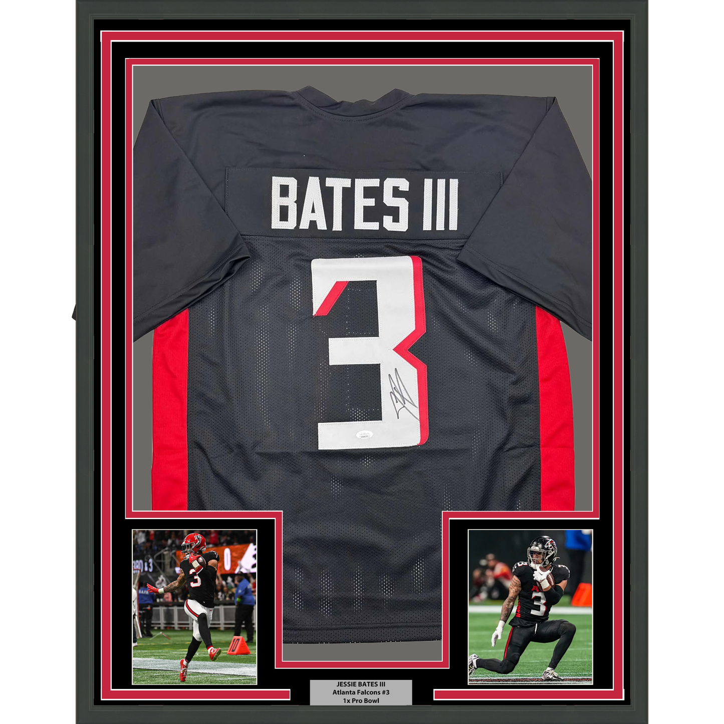 Framed Autographed/Signed Jessie Bates III 35x39 Atlanta Black Football Jersey JSA COA