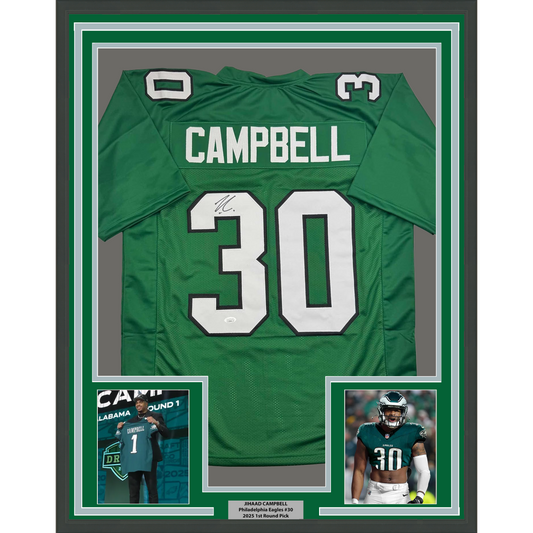 Framed Autographed/Signed Jihaad Campbell 35x39 Philadelphia Kelly Green Football Jersey JSA COA