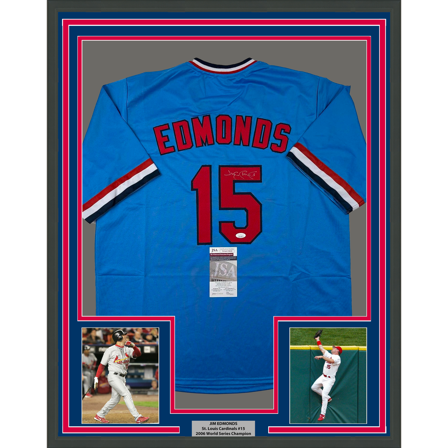Framed Autographed/Signed Jim Edmonds 35x39 St. Louis Blue Baseball Jersey JSA COA