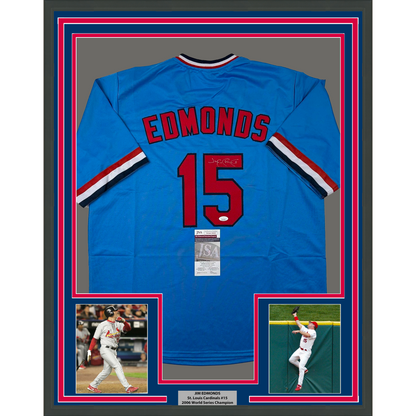 Framed Autographed/Signed Jim Edmonds 35x39 St. Louis Blue Baseball Jersey JSA COA