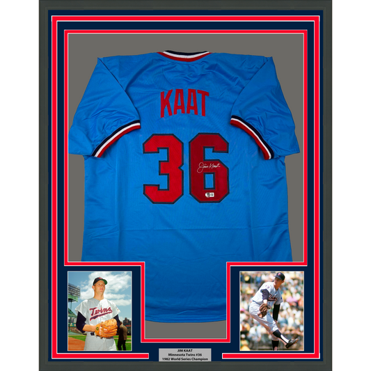 Framed Autographed/Signed Jim Kaat 35x39 Minnesota Light Blue Baseball Jersey Beckett BAS COA