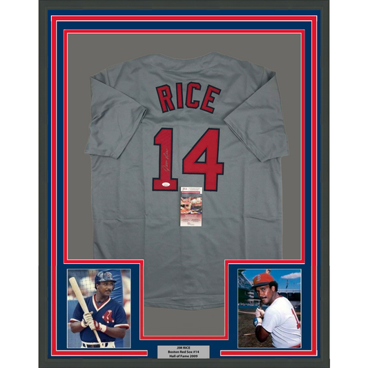 Framed Autographed/Signed Jim Rice 35x39 Boston Grey Baseball Jersey JSA COA