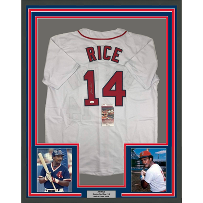 Framed Autographed/Signed Jim Rice 35x39 Boston White Baseball Jersey JSA COA