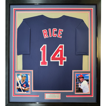 Framed Autographed/Signed Jim Rice 35x39 Boston Blue Baseball Jersey JSA COA