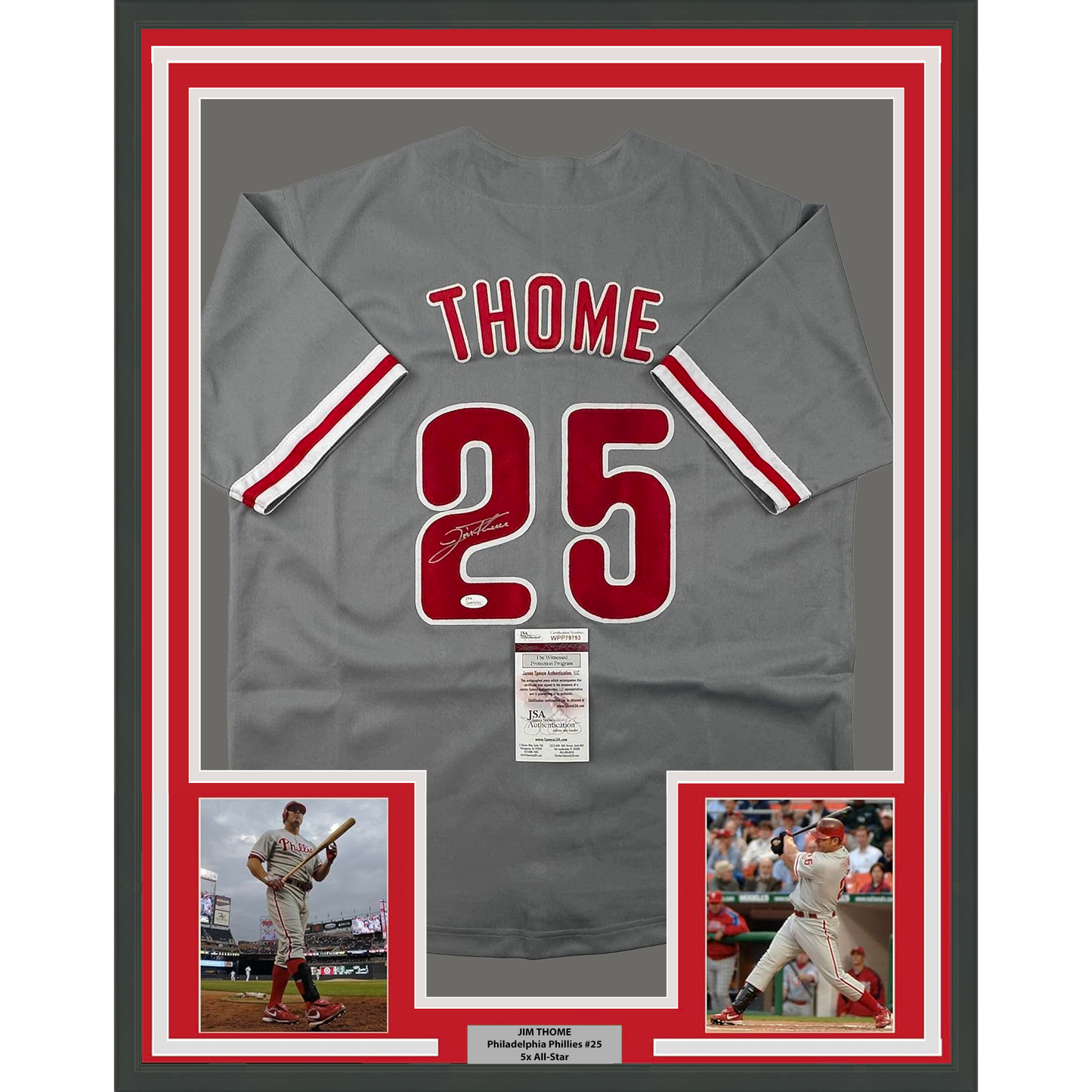 Framed Autographed/Signed Jim Thome 35x39 Philadelphia Grey Baseball Jersey JSA COA