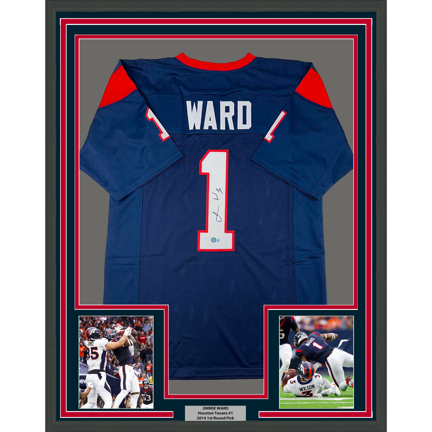 Framed Autographed/Signed Jimmie Ward 35x39 Houston Blue Football Jersey Beckett BAS COA