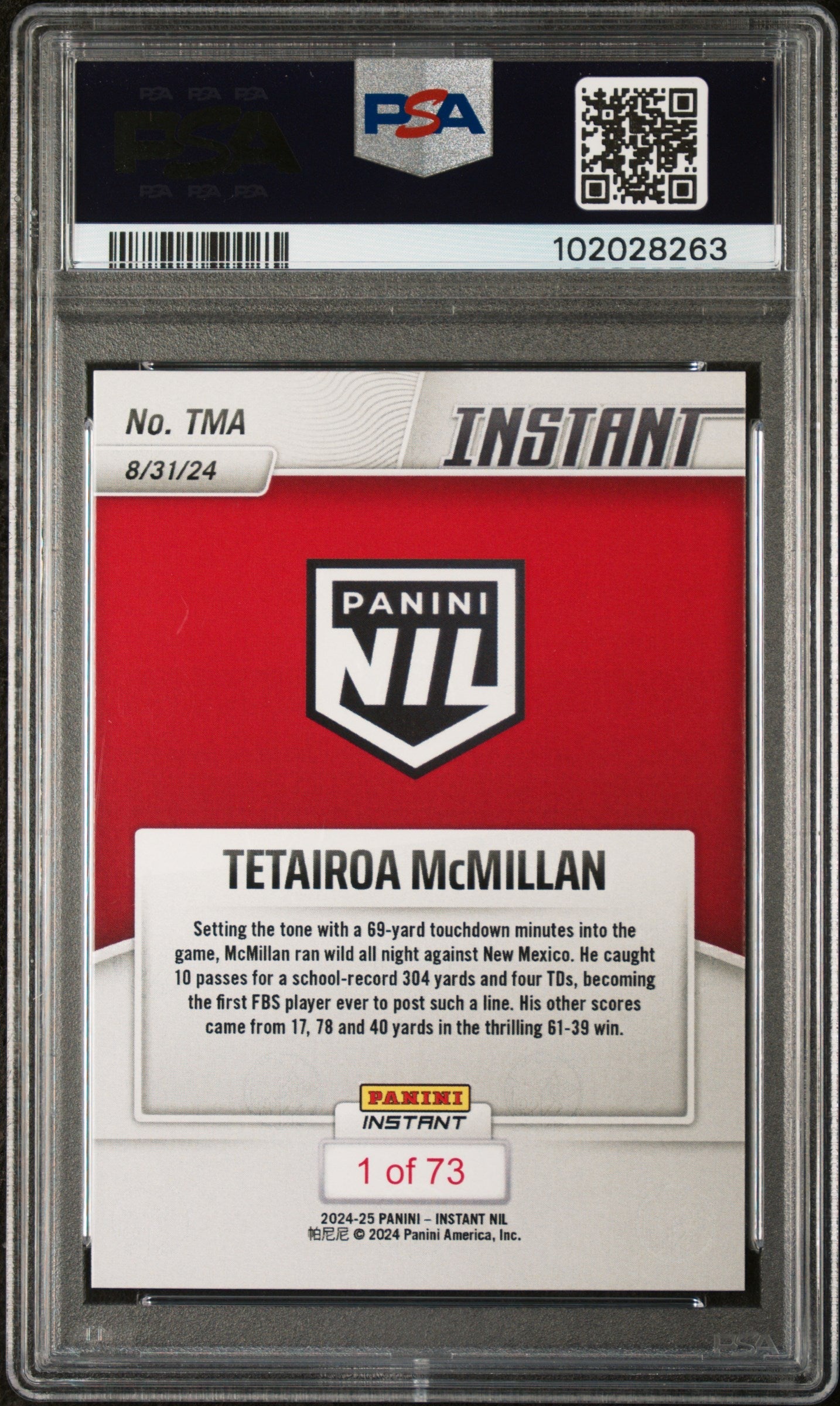Graded 2024 Panini Instant NIL Tetairoa McMillan #TMA Rookie RC Football Card PSA 9 Mint