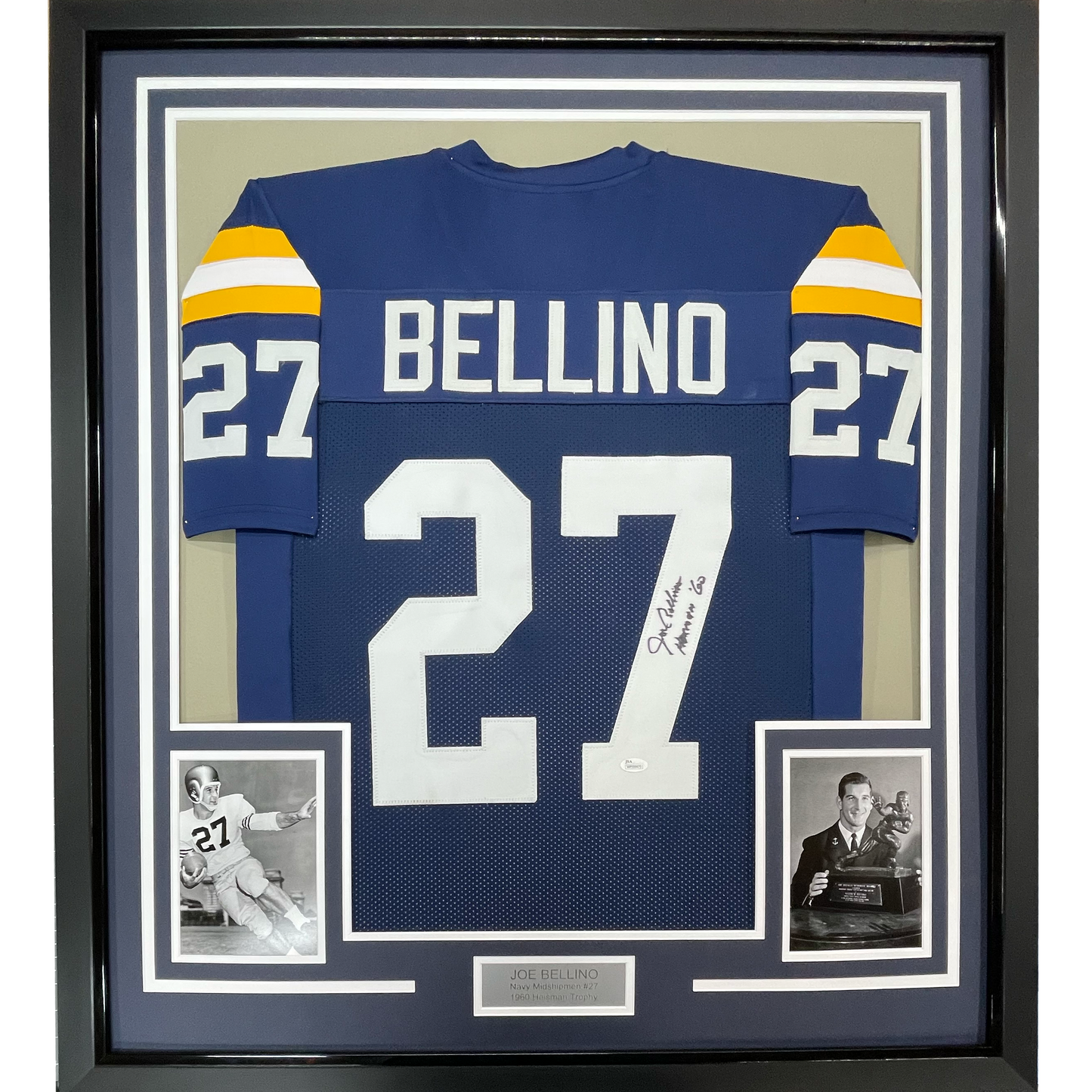 Framed Autographed/Signed Joe Bellino 35x39 Navy Blue College Football Jersey JSA COA