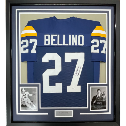 Framed Autographed/Signed Joe Bellino 35x39 Navy Blue College Football Jersey JSA COA