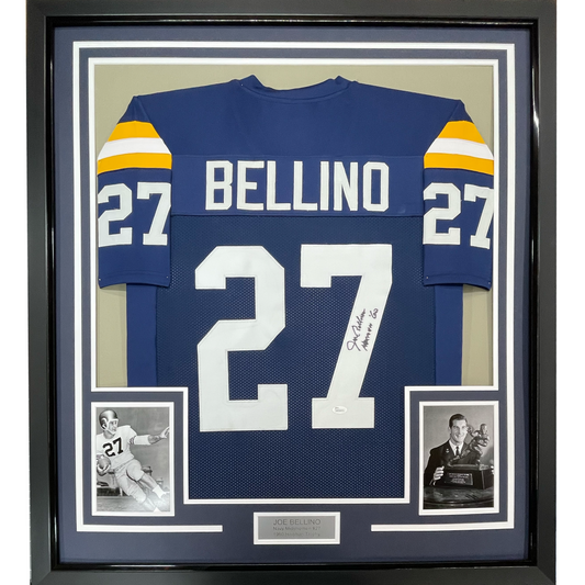 Framed Autographed/Signed Joe Bellino 35x39 Navy Blue College Football Jersey JSA COA