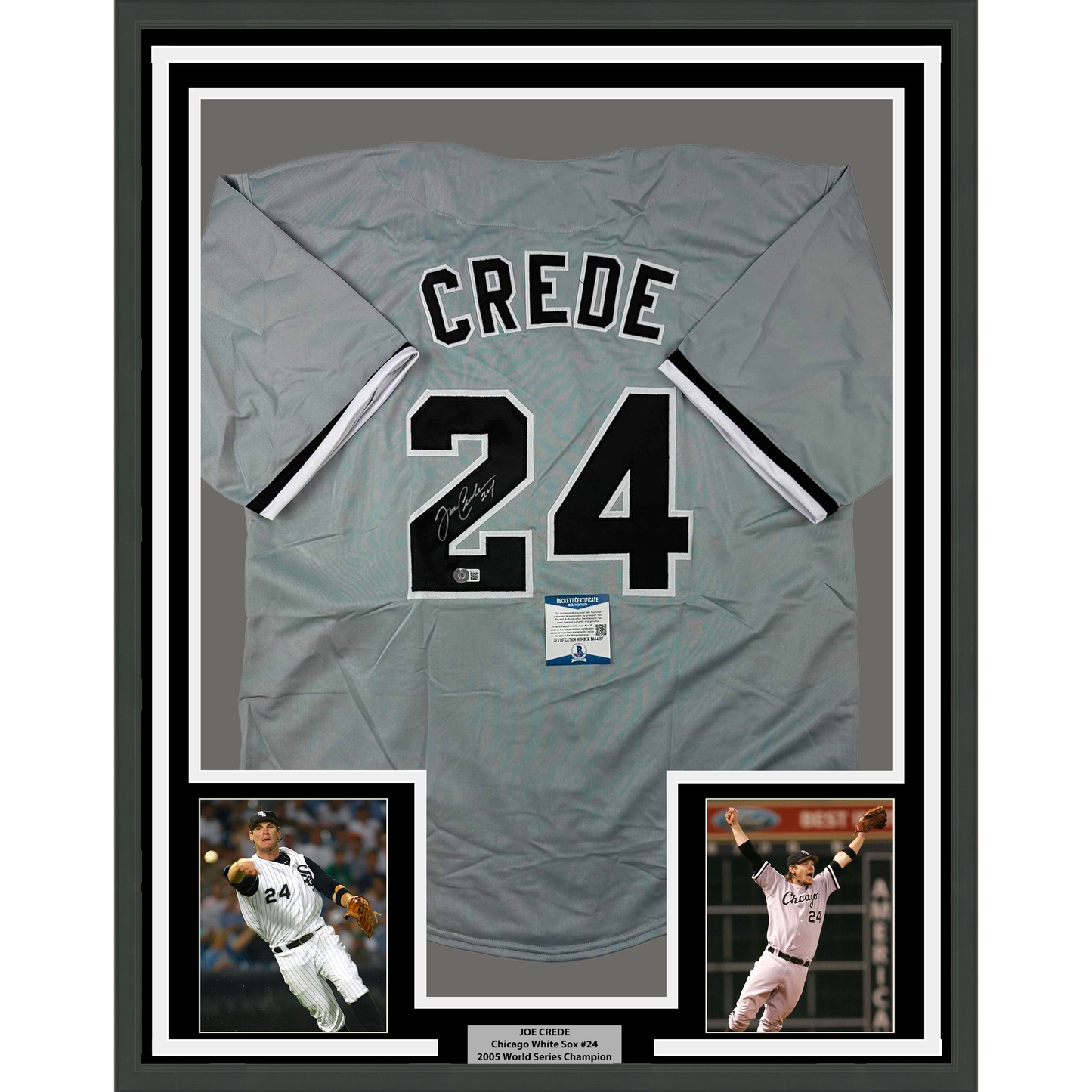 Framed Autographed/Signed Joe Crede 35x39 Chicago Grey Baseball Jersey Beckett BAS COA