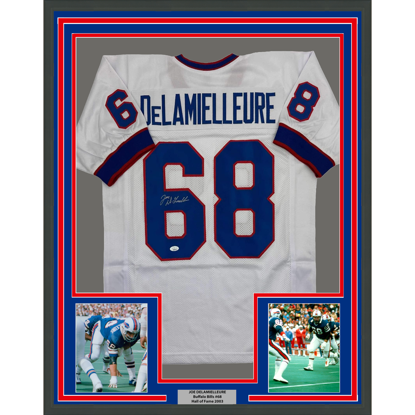 Framed Autographed/Signed Joe DeLamielleure 35x39 Buffalo White Football Jersey JSA COA
