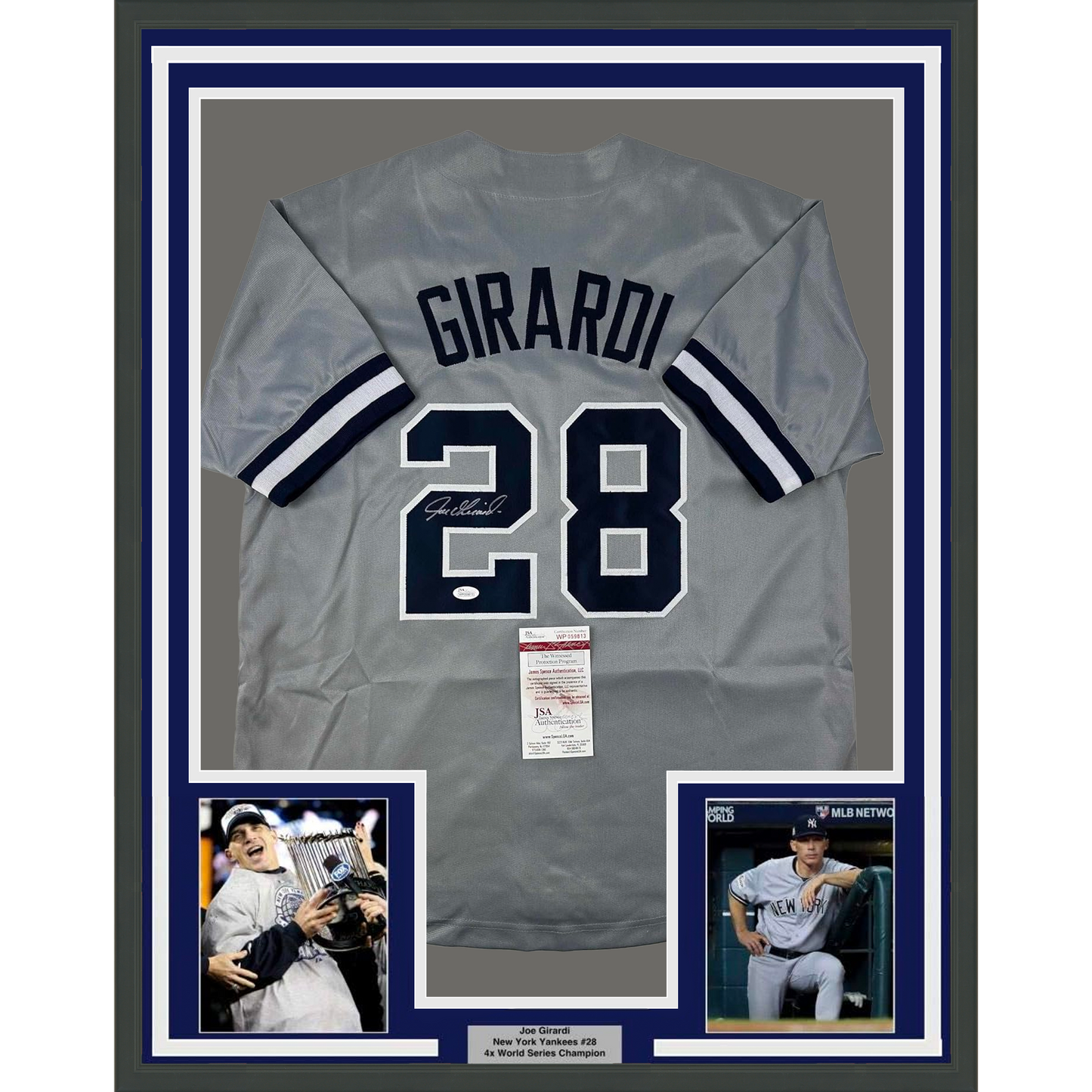 Framed Autographed/Signed Joe Girardi 35x39 New York Grey Baseball Jersey JSA COA