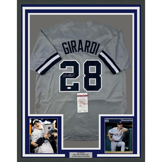 Framed Autographed/Signed Joe Girardi 35x39 New York Grey Baseball Jersey JSA COA