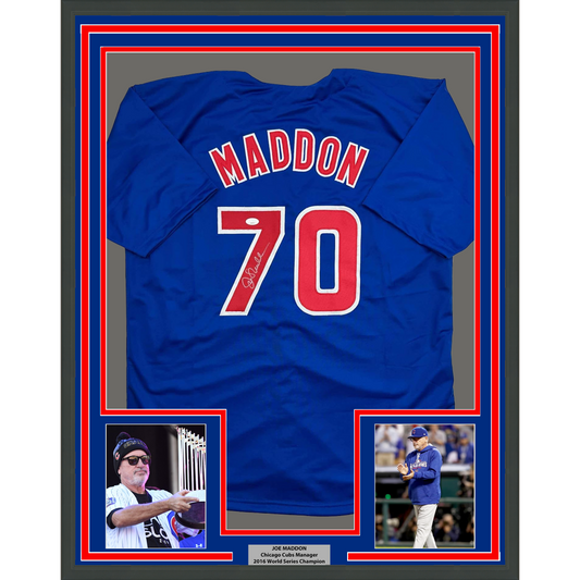 Framed Autographed/Signed Joe Maddon 35x39 Chicago Blue Baseball Jersey JSA COA