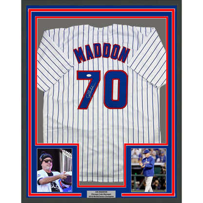 Framed Autographed/Signed Joe Maddon 35x39 Chicago Pinstripe Baseball Jersey JSA COA