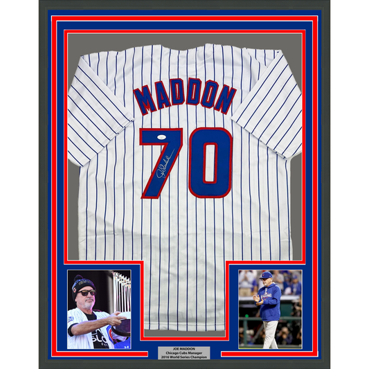 Framed Autographed/Signed Joe Maddon 35x39 Chicago Pinstripe Baseball Jersey JSA COA