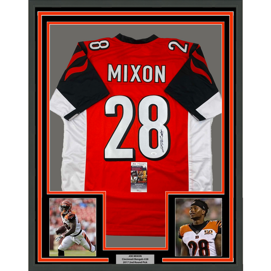 Framed Autographed/Signed Joe Mixon 35x39 Cincinnati Orange Football Jersey JSA COA