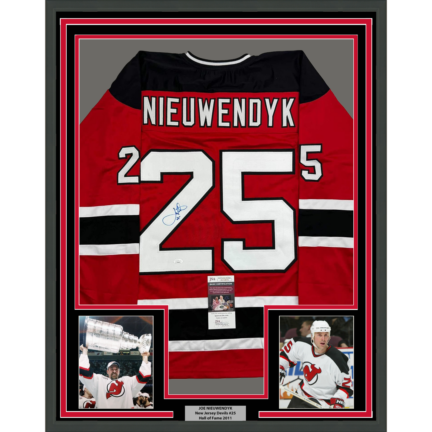 Framed Autographed/Signed Joe Nieuwendyk 35x39 New Jersey Red Hockey Jersey JSA COA