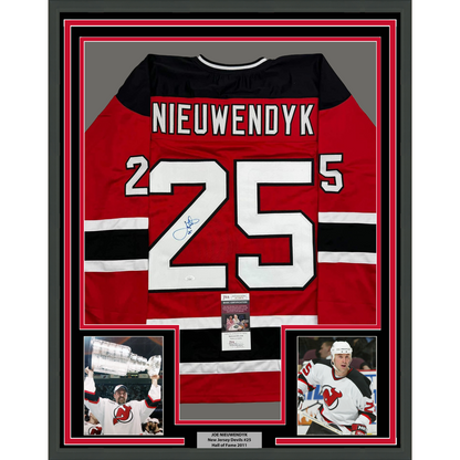 Framed Autographed/Signed Joe Nieuwendyk 35x39 New Jersey Red Hockey Jersey JSA COA