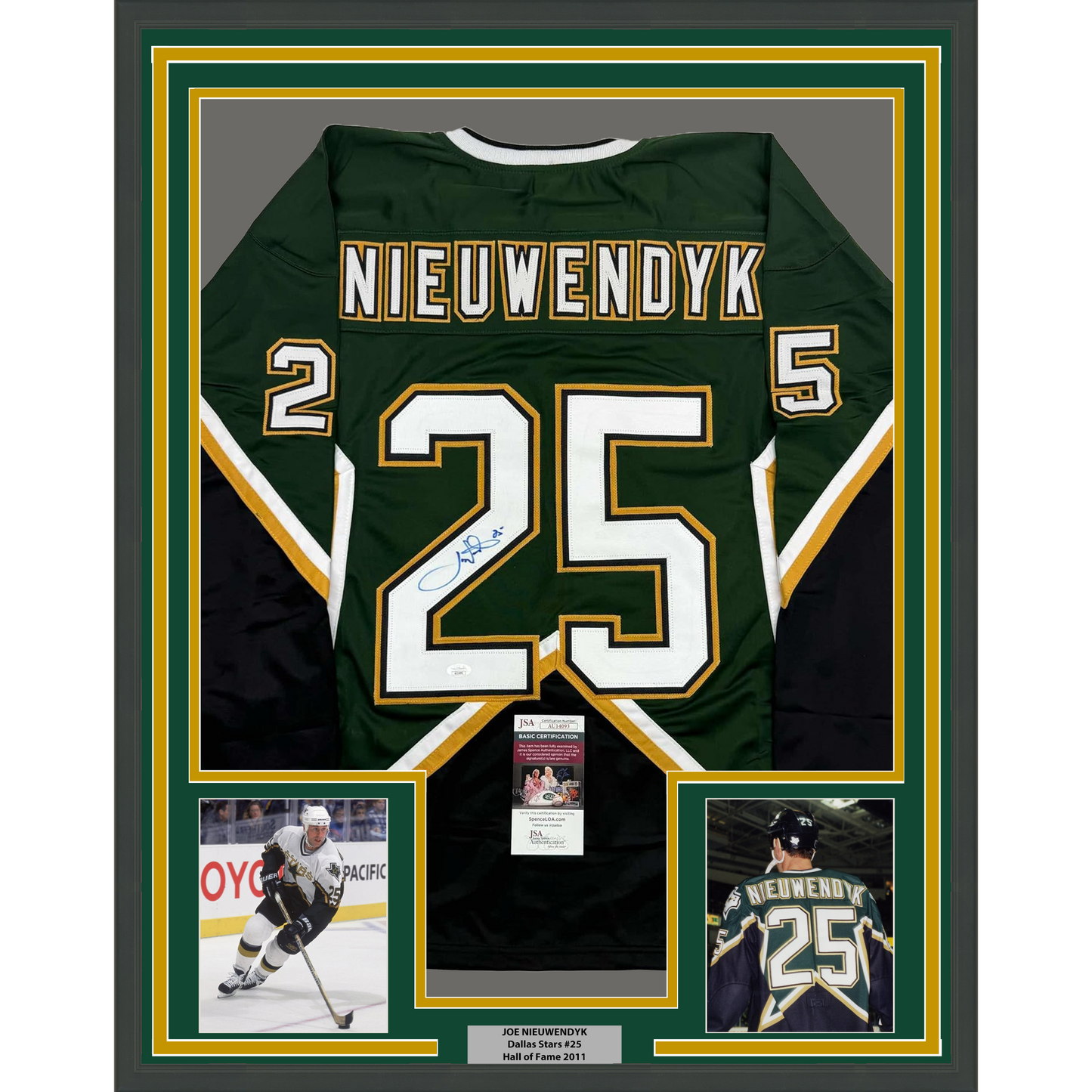 Framed Autographed/Signed Joe Nieuwendyk 35x39 Dallas Green Hockey Jersey JSA COA