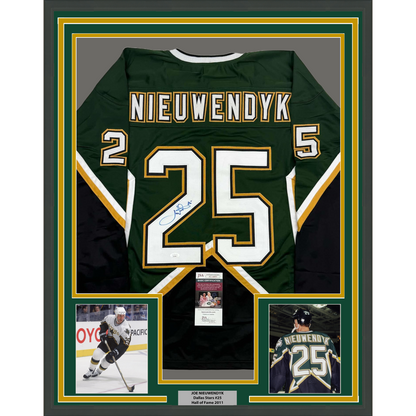 Framed Autographed/Signed Joe Nieuwendyk 35x39 Dallas Green Hockey Jersey JSA COA