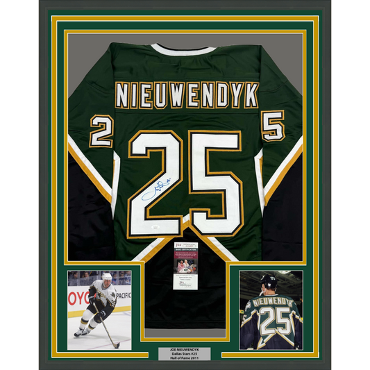 Framed Autographed/Signed Joe Nieuwendyk 35x39 Dallas Green Hockey Jersey JSA COA