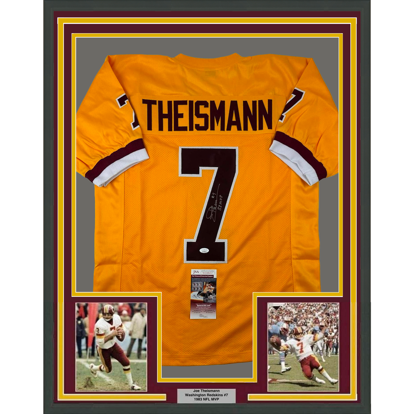 Framed Autographed/Signed Joe Theismann 35x39 83 MVP Washington Yellow Football Jersey JSA COA