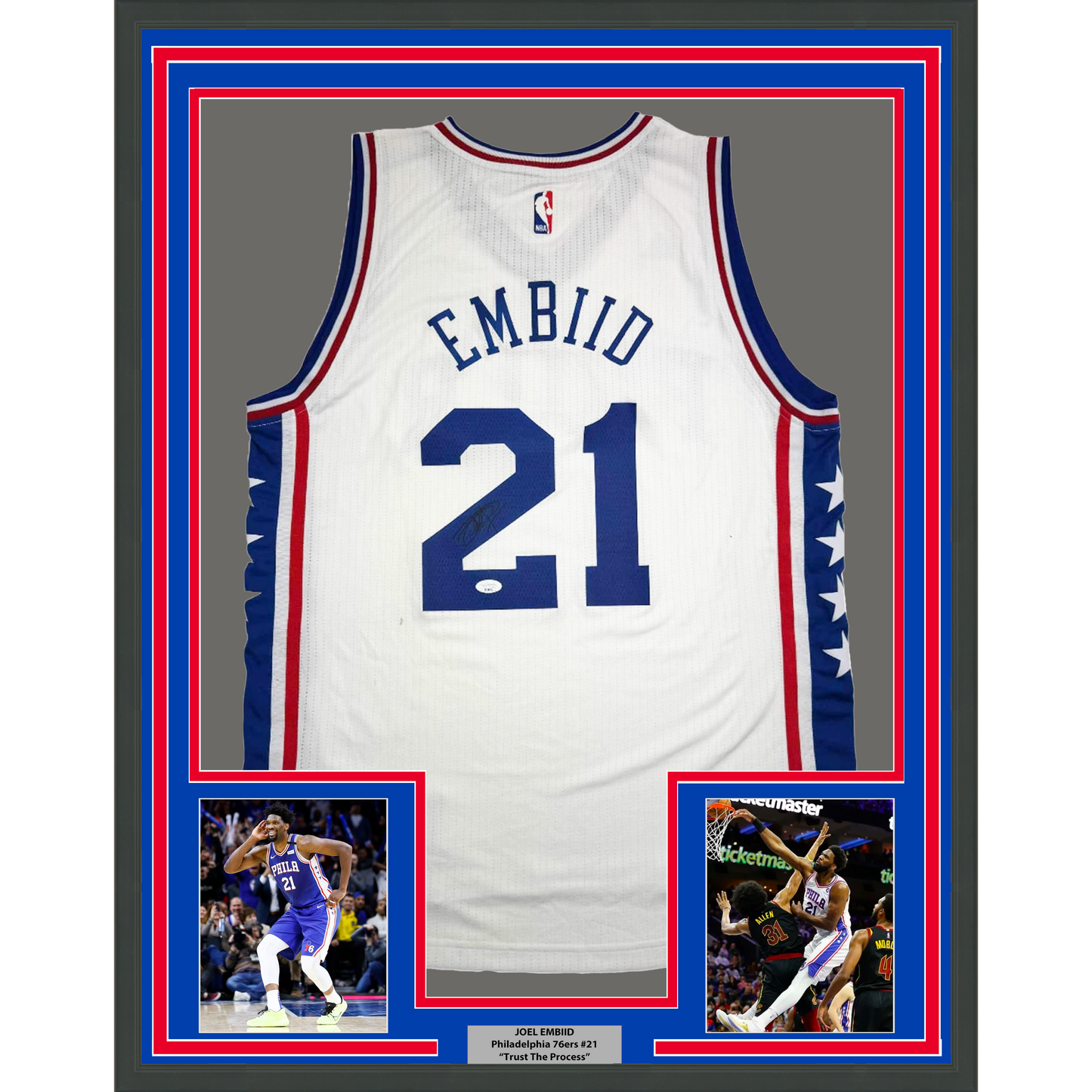 Framed Autographed/Signed Joel Embiid 35x39 Philadelphia White Basketball Jersey JSA COA/LOA