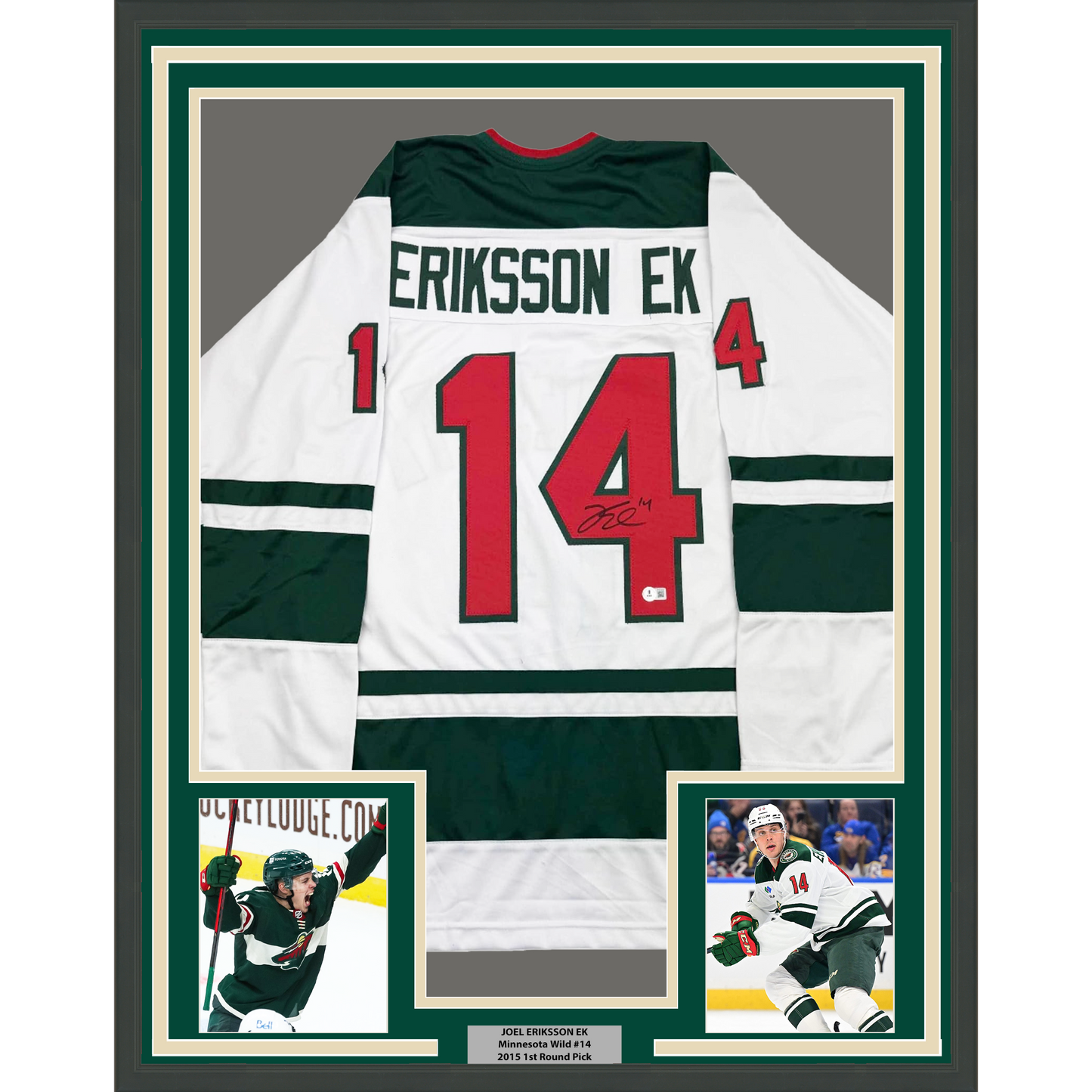 Framed Autographed/Signed Joel Eriksson Ek 35x39 Minnesota White Hockey Jersey Beckett BAS COA
